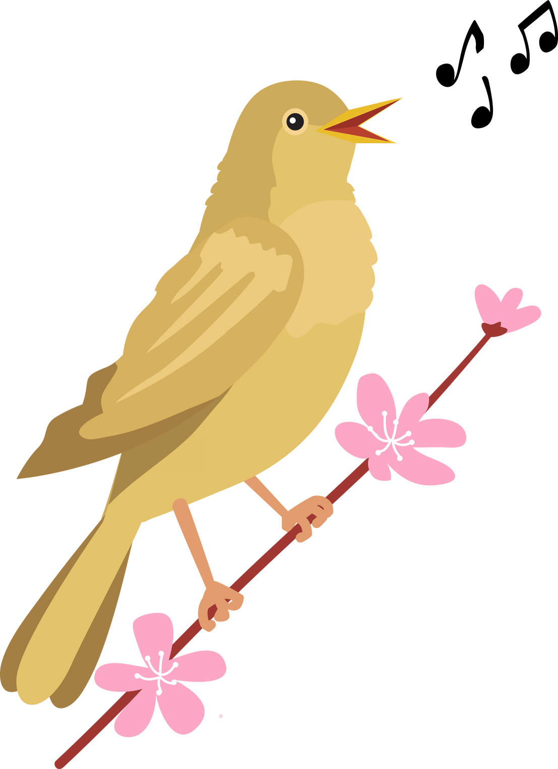 Illustration of a cartoon nightingale singing on a sakura branch